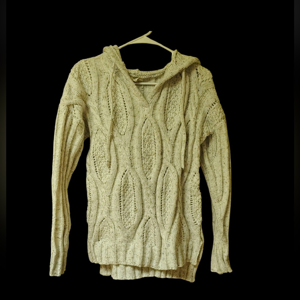 Cupio Women's Heavy Cotton Cable Knit Relaxed Fit Hooded Pullover Sweater, Sz S